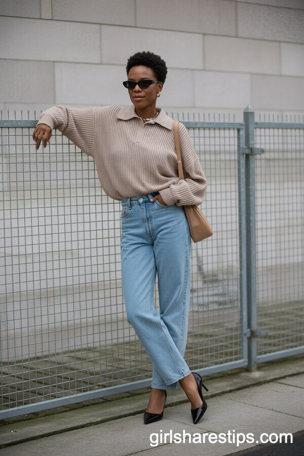 Loose Beige Knit Sweater with Light Blue Jeans