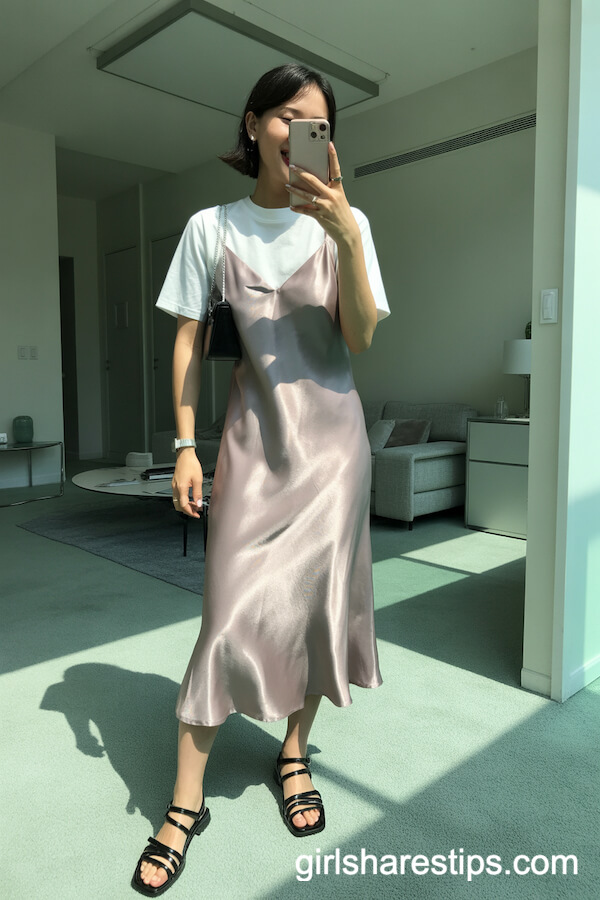 Satin Slip Dress Layered Over a White T-Shirt