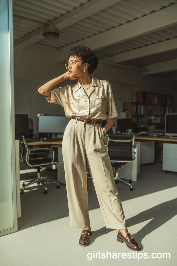 High-Waisted Pleated Trousers with Geometric Silk Blouse