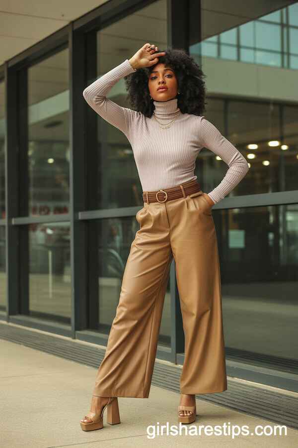 Ribbed Fitted Roll-Neck with Wide-Leg Trousers