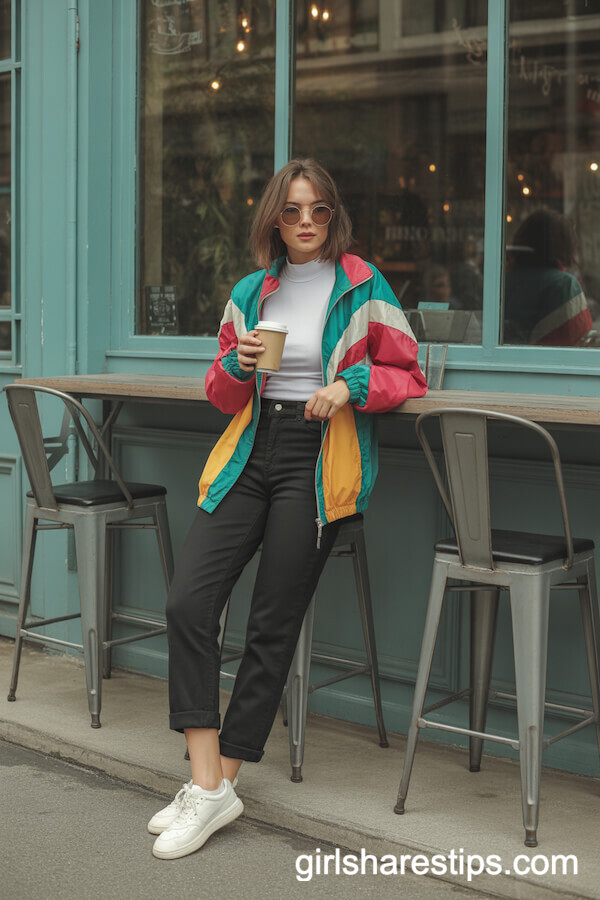 Colorful 90s Windbreaker with Straight Black Trousers