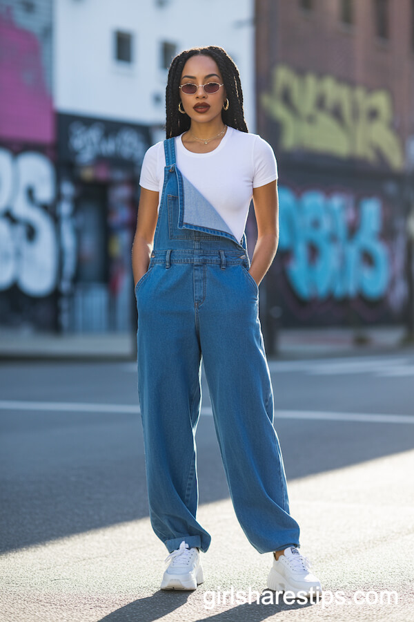 Blue Denim Overalls with White Baby Tee