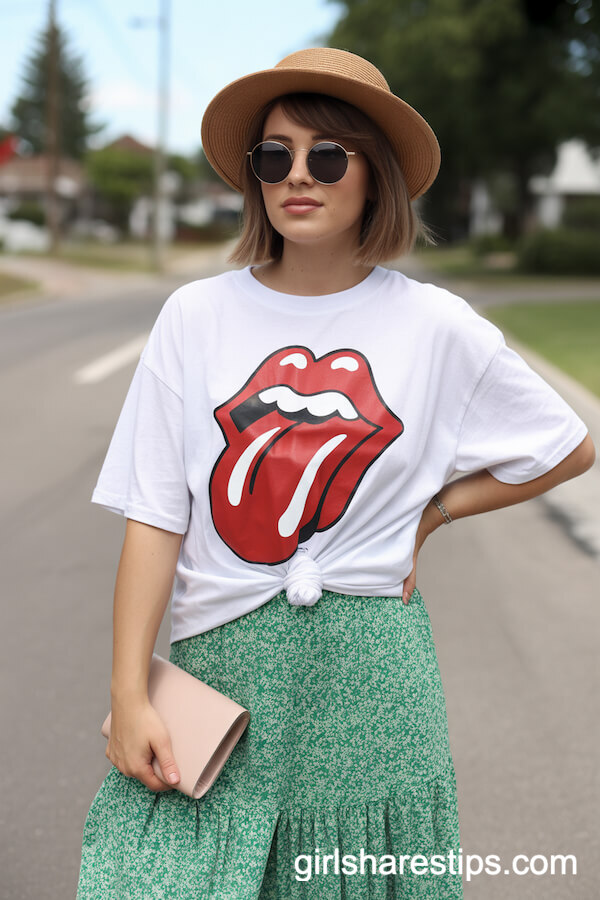 Oversized Graphic Tee with Floral Midi Skirt