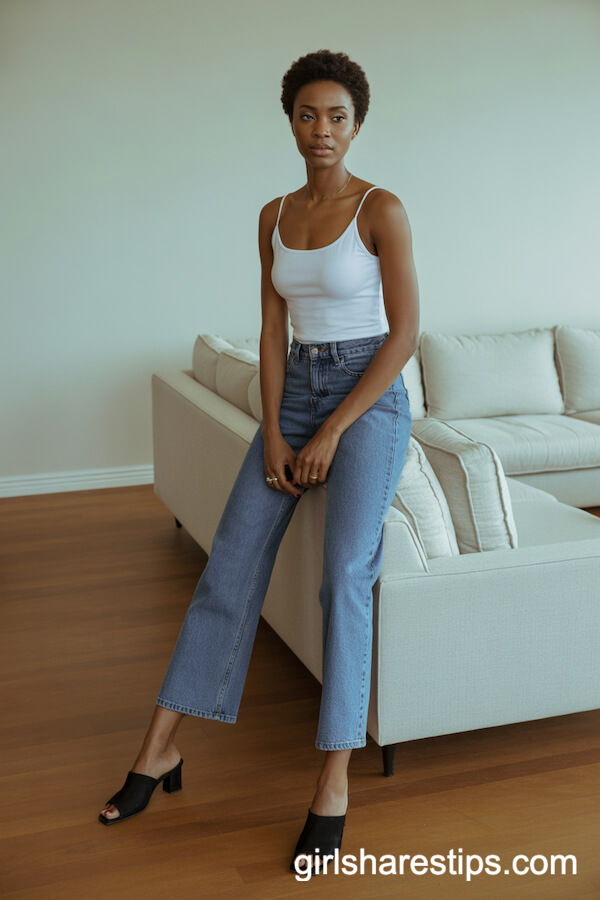 White Spaghetti-Strap Tank with Kick-Flare Jeans