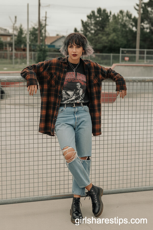 Oversized Plaid Flannel Shirt with Ripped Jeans