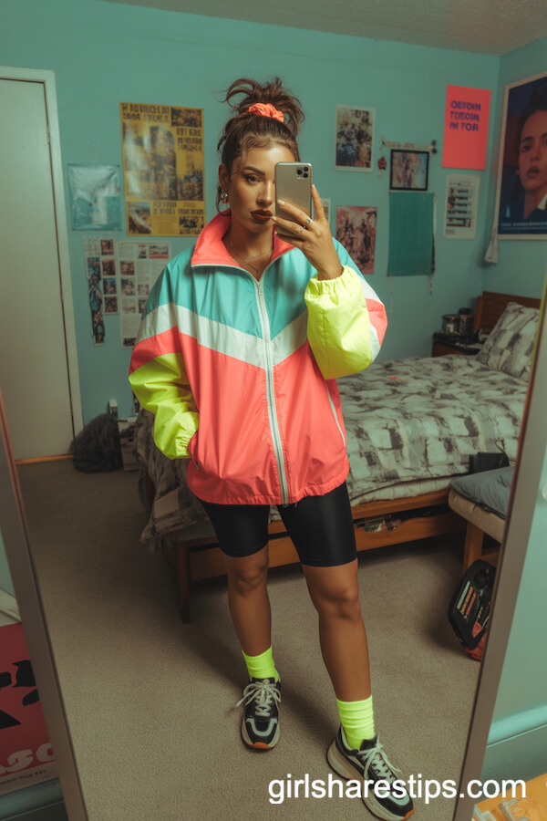 Neon Colorblock Windbreaker with Black Bike Shorts