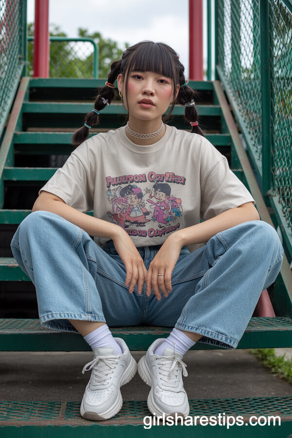 Baggy Cartoon Graphic Tee with Mom Jeans