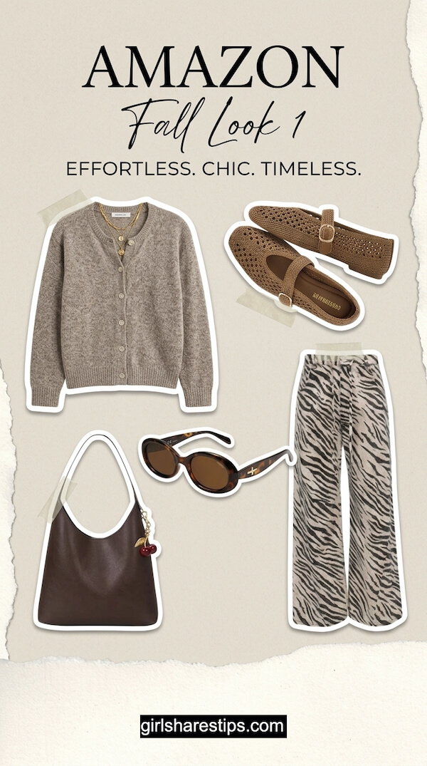 Cozy Neutral Cardigan Meets Bold Animal-Print Wide-Leg Trousers