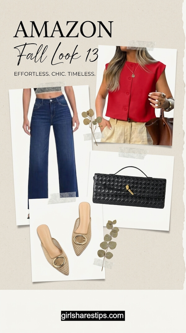 Sleeveless Red Button-Front Blouse with Dark Denim Wide-Leg Jeans