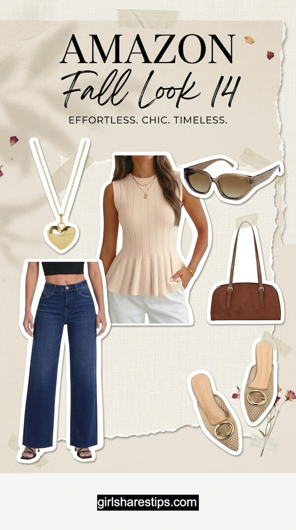 Beige Ribbed Sleeveless Peplum Top with High-Waisted Wide-Leg Jeans