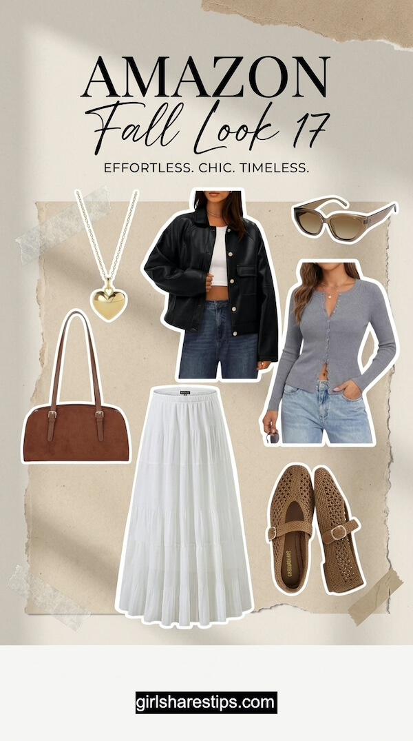 Classic Black Faux Leather Jacket with Flowing White Maxi Skirt