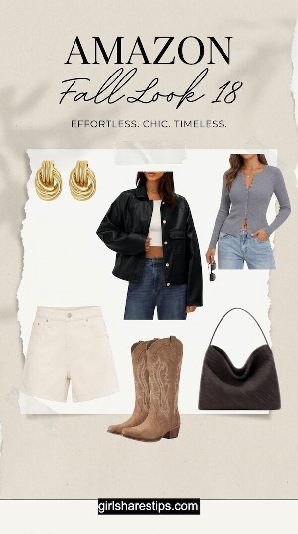 Edgy Black Leather Shacket with Beige Shorts and Gray Rib-Knit Cardigan