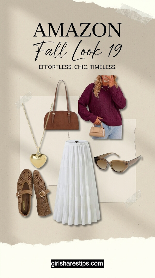 Chunky Cable-Knit Burgundy Sweater and Classic White Tiered Maxi Skirt