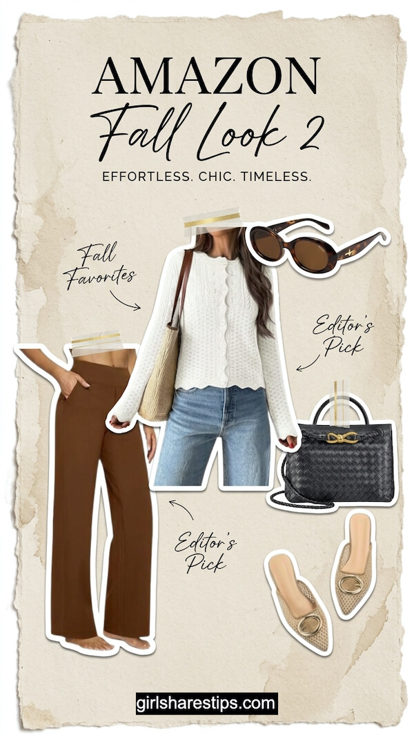 Classic White Scalloped Sweater with Rich Brown Wide-Leg Pants