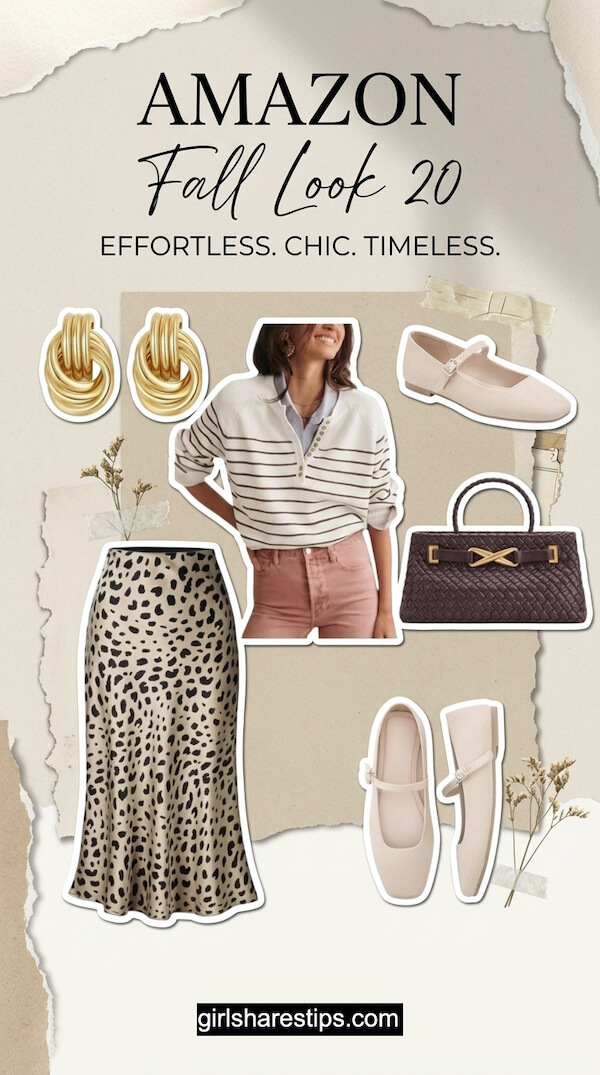 Collared Striped Pullover with Leopard Print Satin Midi Skirt