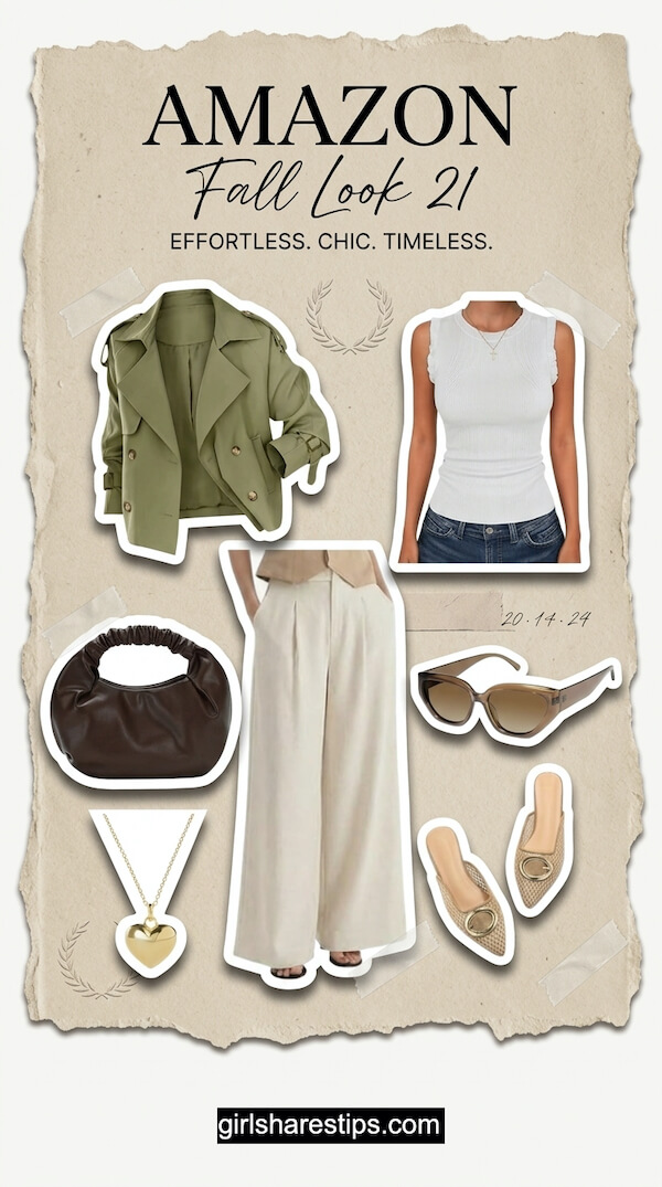 Olive Green Cropped Trench, White Ribbed Knit Top, and Cream Wide-Leg Trousers