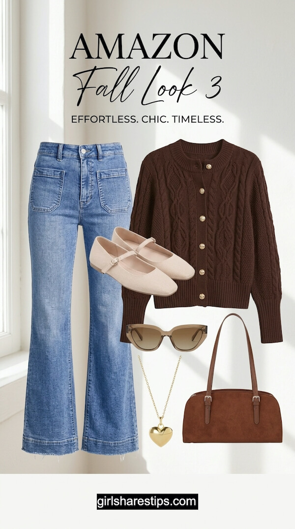 Chocolate Cable Knit Cardigan Paired with High-Waisted Flare Jeans