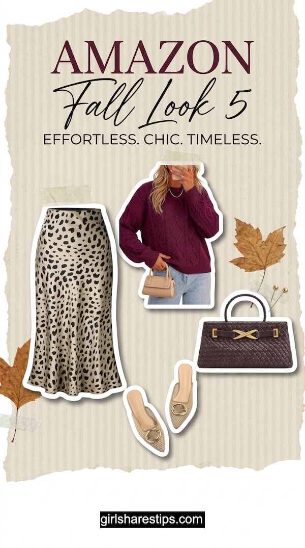 Bold Animal Print Satin Midi Skirt with Cozy Cable Knit Burgundy Sweater