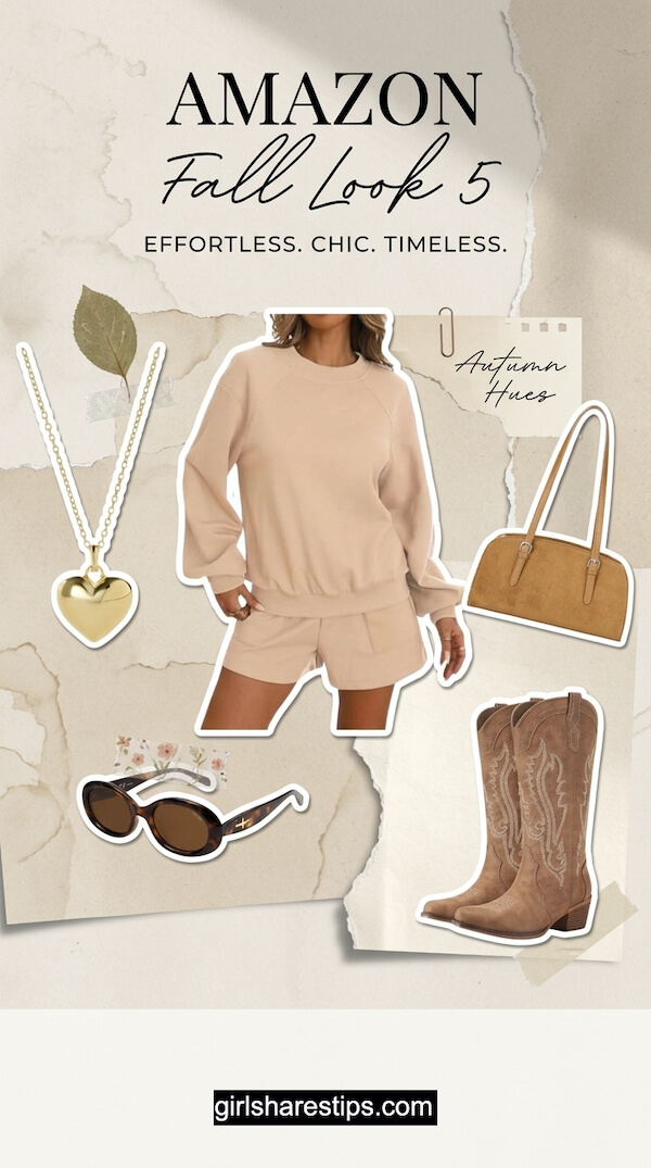 Sporty Beige Sweatshirt and Shorts Ensemble with Western-Inspired Suede Boots