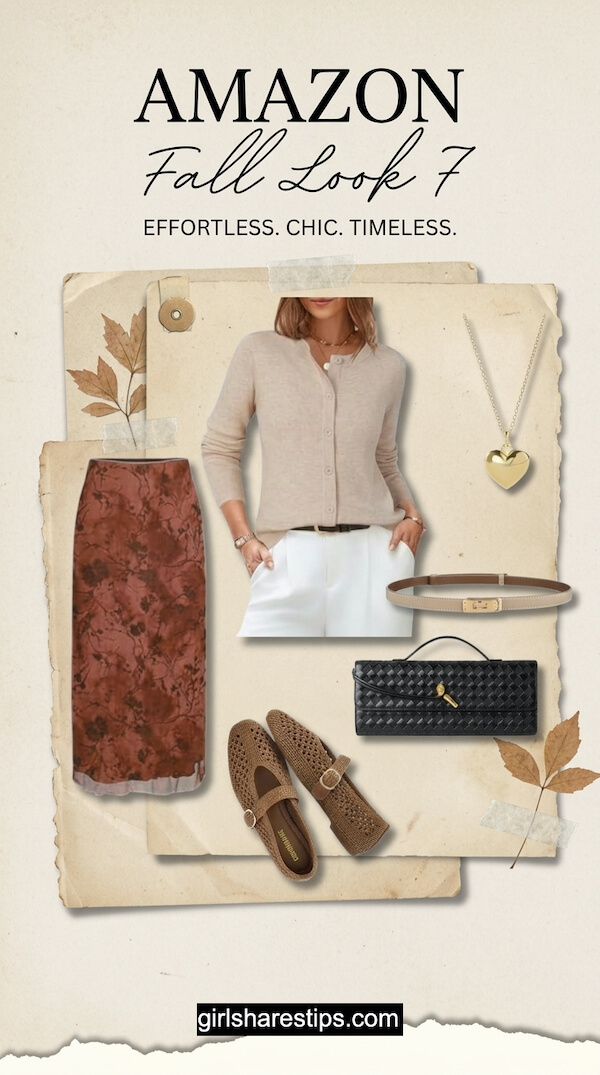Taupe Button Cardigan and Crisp White Trousers with Tie-Dye Midi Skirt