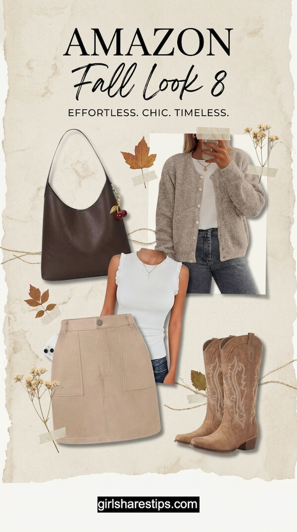Neutral Cardigan over White Tank with Light Tan Mini Skirt