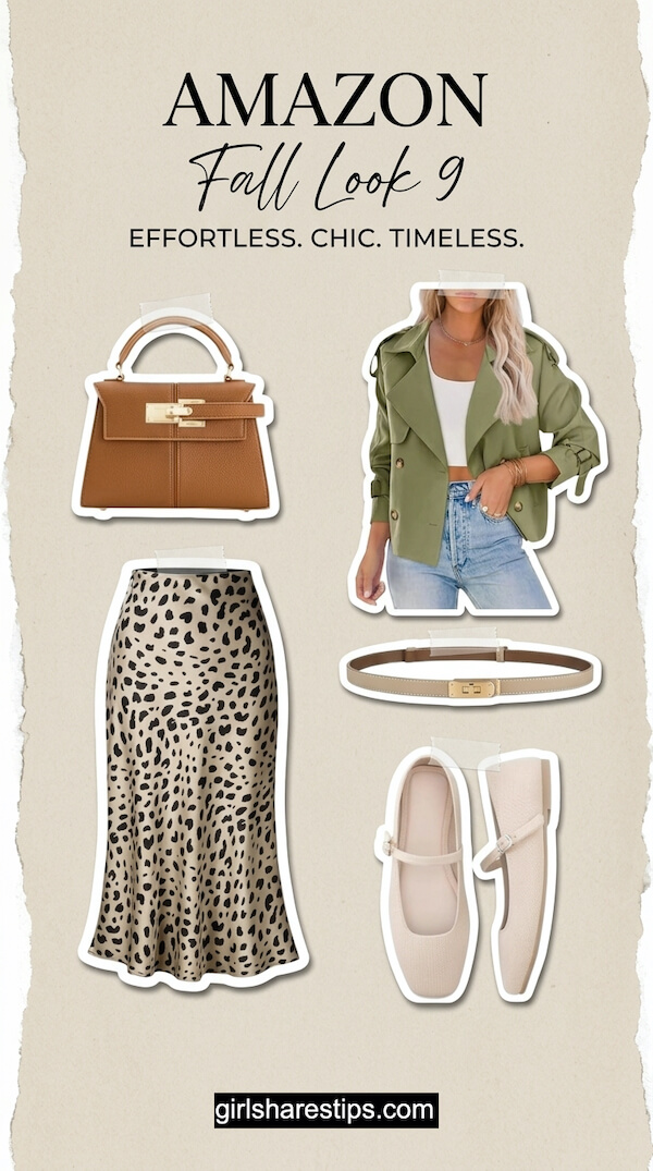 Light Green Cropped Jacket with Leopard-Print Midi Skirt and Beige Mary Janes