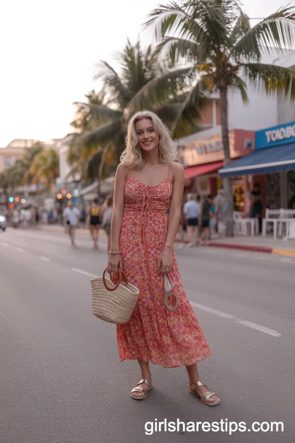 Bright Floral Maxi Dress with Sandals and Straw Bag