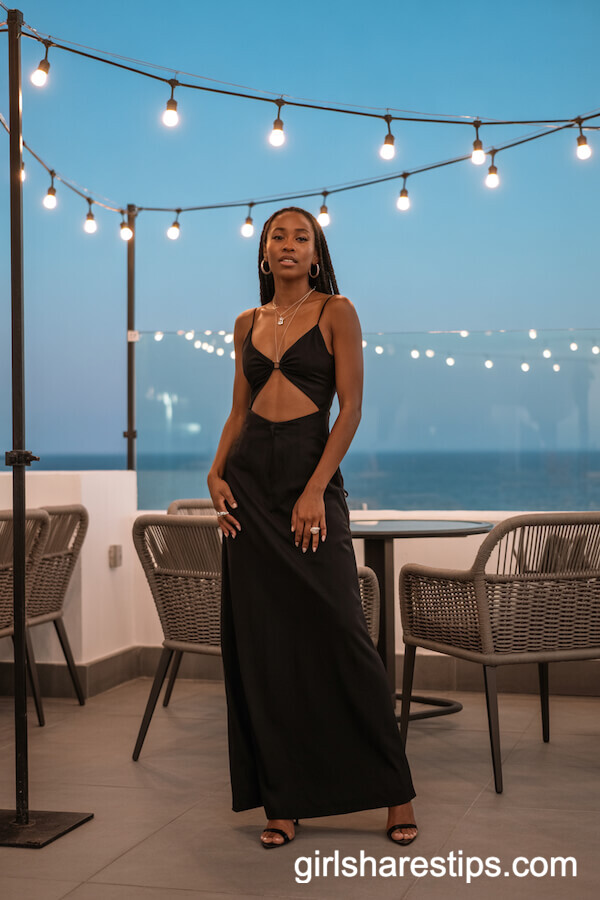 Long Black Cut-Out Dress with Fine Jewelry