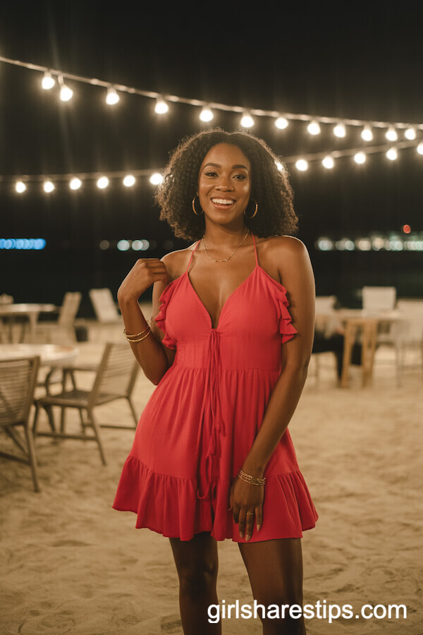 Bold Red Ruffled Mini Dress with Gold Accessories
