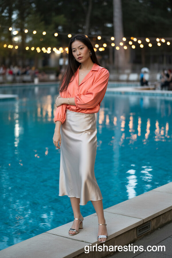 Silky Slip Skirt and Neon-Colored Blouse with Heeled Sandals