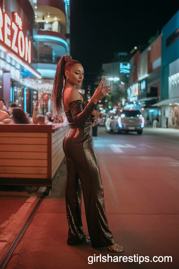 Fitted Sequin Jumpsuit with High Ponytail