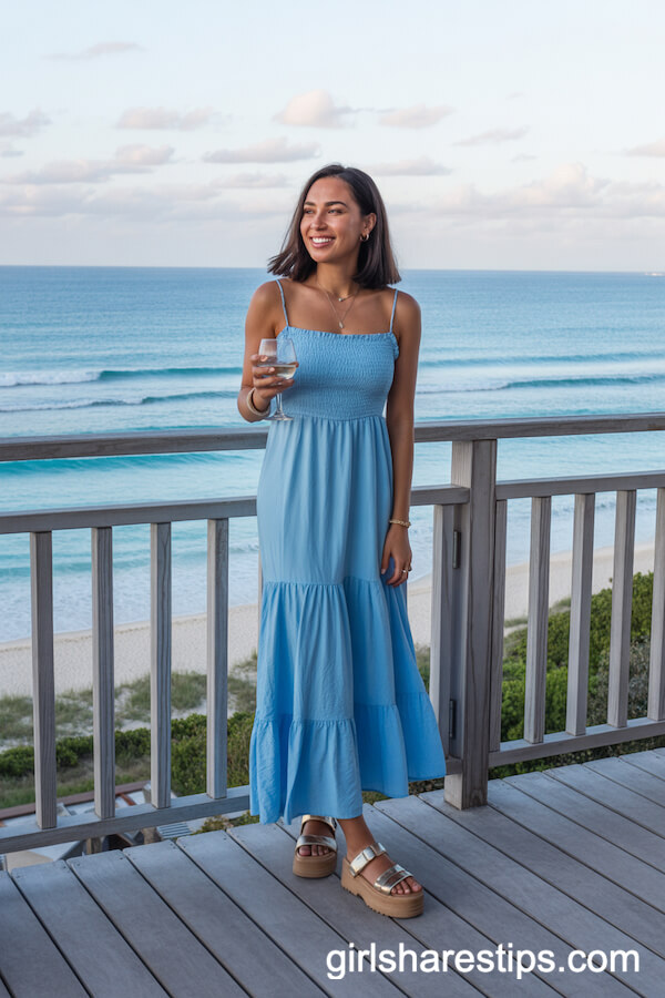 Sky Blue Ruffle Maxi Dress with Platform Sandals