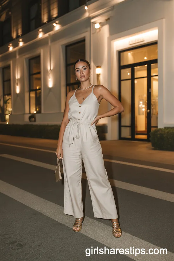 White Linen Jumpsuit with Gold Strappy Sandals