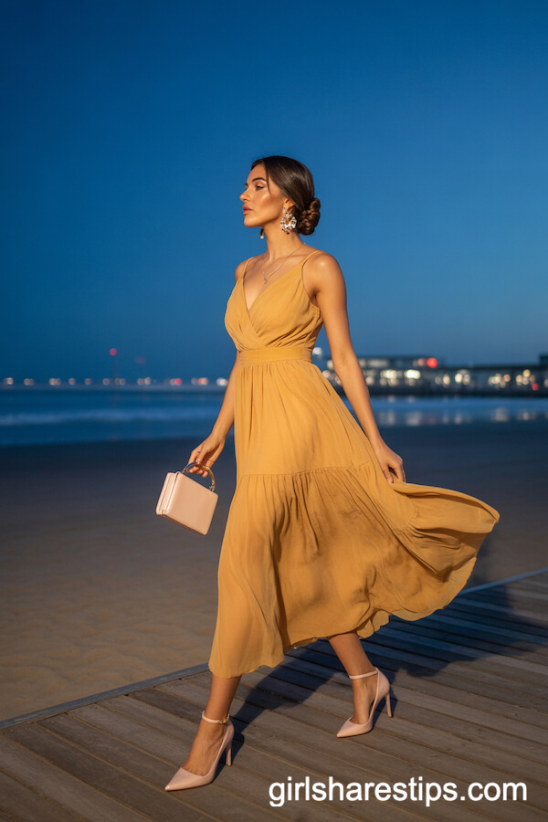 Flowing Mustard Yellow Midi Dress with Nude Heels and Statement Earrings