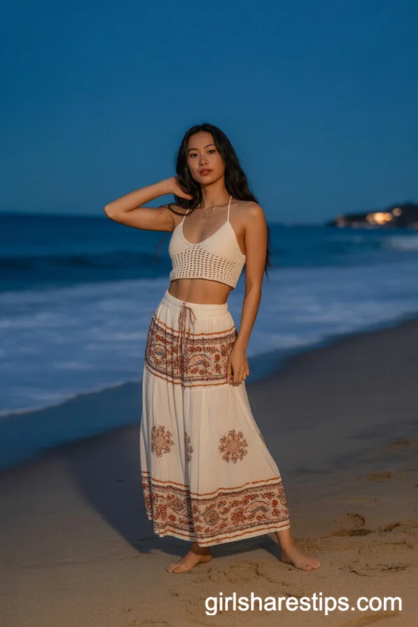 Boho Crochet Crop Top and Flowy Printed Skirt