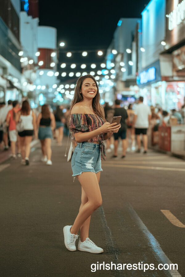 Denim Shorts and Colorful Off-Shoulder Blouse with Sneakers