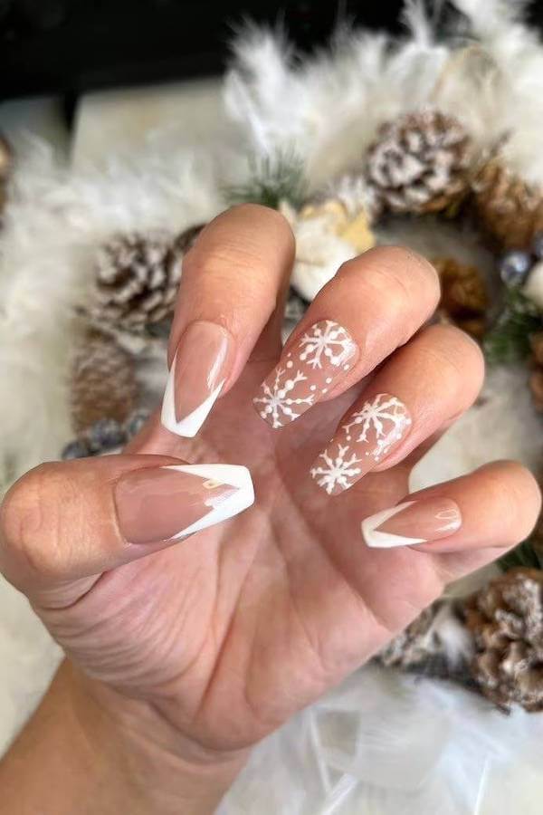 White Snowflake French Nails