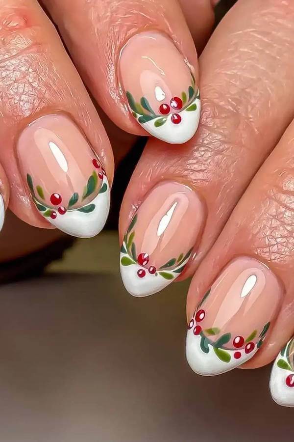 French Tips with Holly Berry Accent