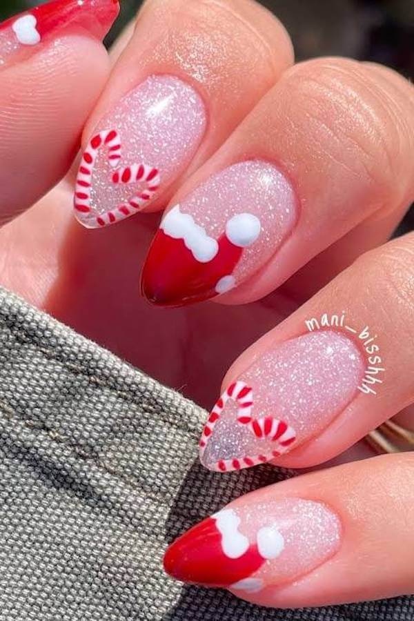 Candy Cane Heart and Santa Hat Nails