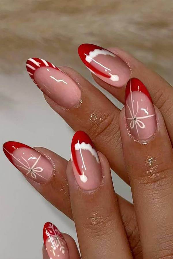 Red French Tips with Holiday Bow Art