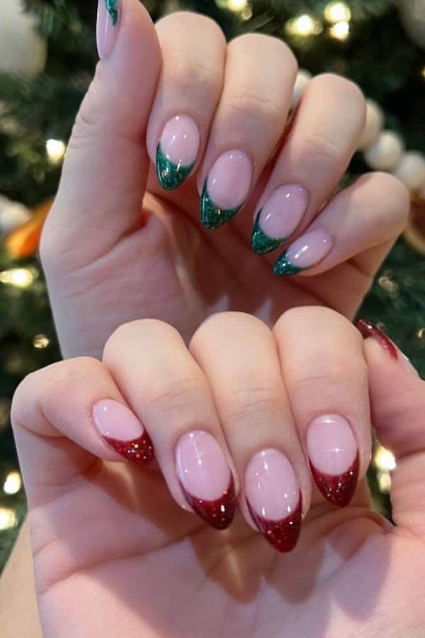 Red and Green Glitter French Tips