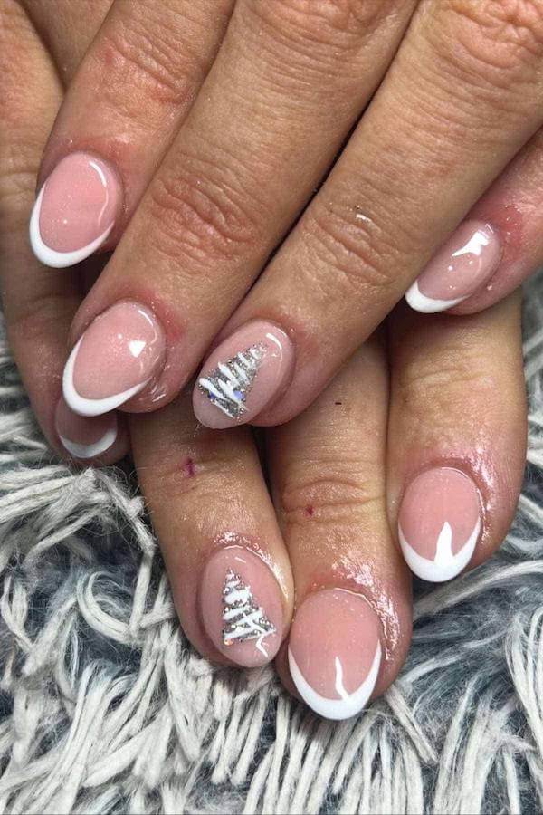 White French Tips with Silver Christmas Trees