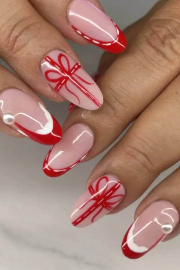 Red Gift Wrap French Tip Nails