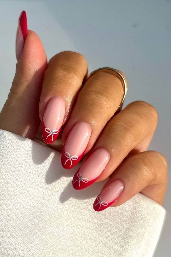Classic Red French Tips with White Bows