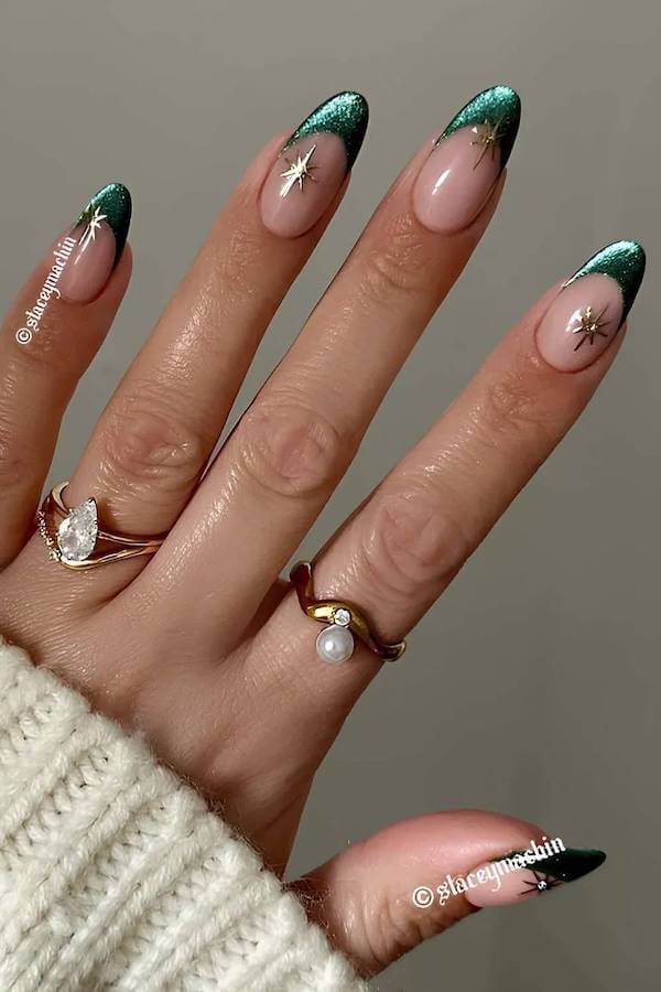 Green Glitter French Tips with Gold Stars