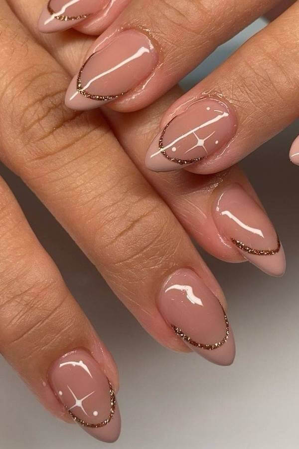 Nude Glitter French Tips with Star Accents