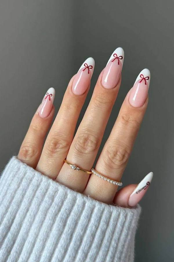 White French Tips with Red Bow Details