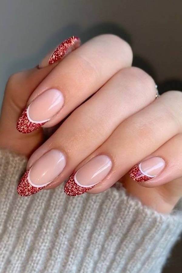 Red Glitter French Tips with White Outline
