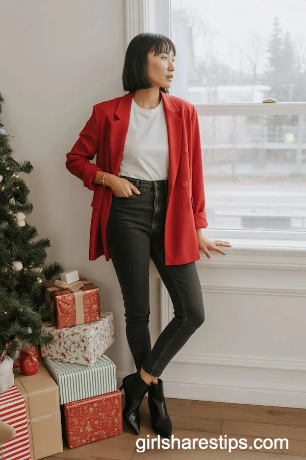 Red Blazer with Dark Skinny Jeans and Ankle Boots