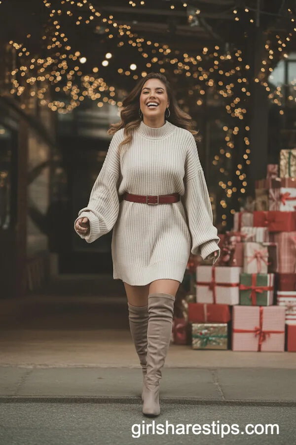 Chunky Knit Sweater Dress with Over-the-Knee Boots